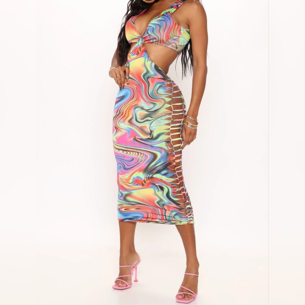 Fashion Nova "Party Has Started" Midi Dress - Multi Color Size Medium NEW/NWT